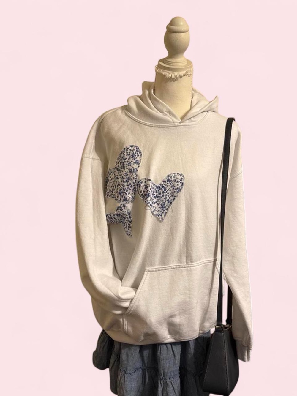 Upcycled White Hoodie with Floral Sewn On Heart Patches